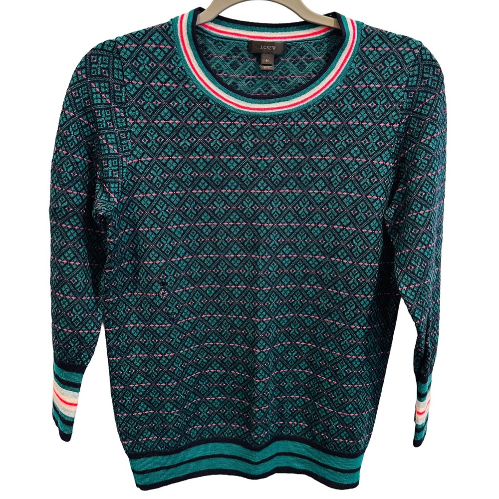 J. Crew Merino Wool Teal and Black Geometric‎ Pattern Sweater M